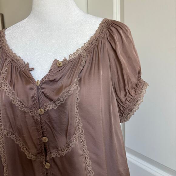 By Anthropologie Short Sleeve Silky Peasant Top M Coquette Prairie Cottage-core - Picture 7 of 13